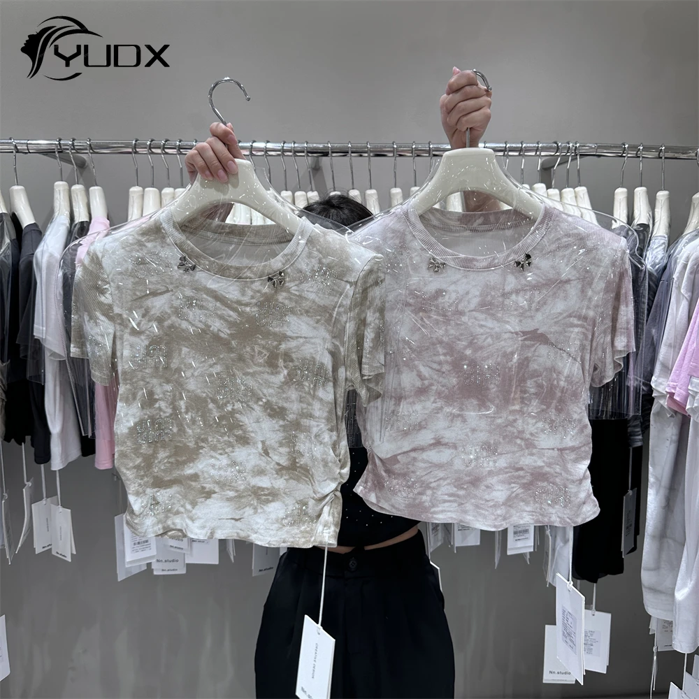 

YUDX 2024 New Summer Women Short Sleeve T-shirt Diamonds Butterfly Tie-dye Spice Girls High Waist Slim Crop Top Basic Cotton Tee