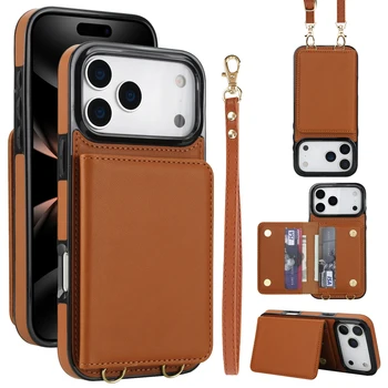 Crossbody Card Holder Wallet Leather Case For iPhone 17 Pro Max 16 Plus 15 Plus 14 13 12 11 Strap Pocket kickstand RFID Cover 1