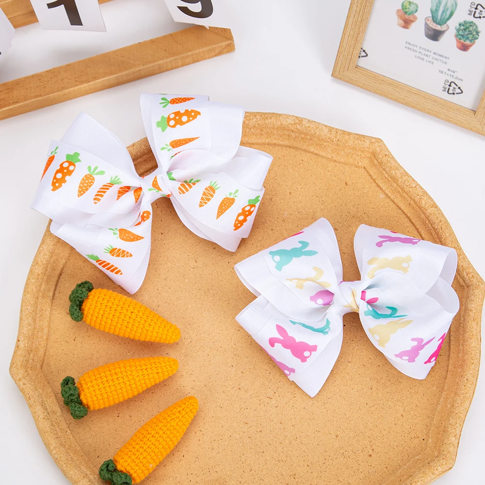 6 인치 대형 활 부활절 날 헤어 클립 귀여운 계란 토끼 Carroot 인쇄 Grosgrain 리본 Hairbows 머리핀 어린이 파티 모자를 쓰고 있죠