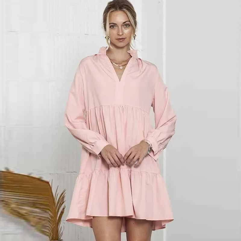 

Autumn New Stand Collar Pleating Ruffled Long Sleeve Dress Women Hot Sale in Europe and America Solid Color Knee-Length Skirt