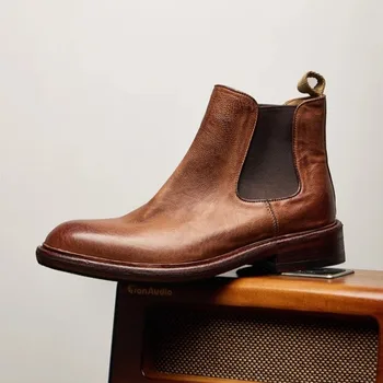 Italian Washed Cowhide Boots Men's Shoes High Top Handmade Genuine Leather Work Outdoor Casual Ankle Boots Male Motorcycle Boots