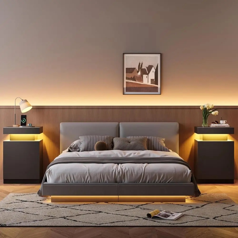 Black LED Nightstand with Charging Port and Storage, Modern Bedroom Side Tables with USB, Living Room End Tables Set of 2, 17.7 5