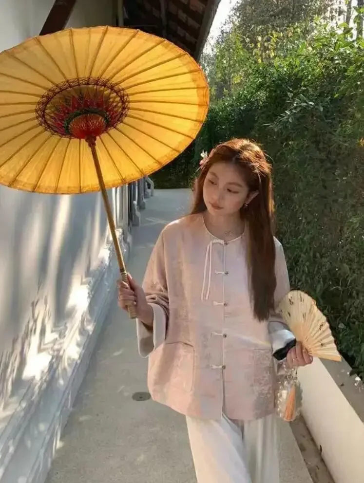Sports Jacket New Chinese jacquard short jacket female spring and fall national style improved Tang loose pink blouse