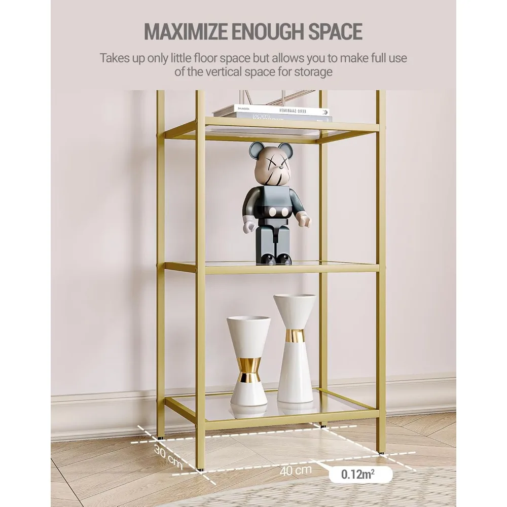 5 Tier Gold Bookcase Bookshelf, Tempered Glass Bookshelves, Slim Shelving Unit for Bedroom, Bathroom, Home Office, Steel Frame 6