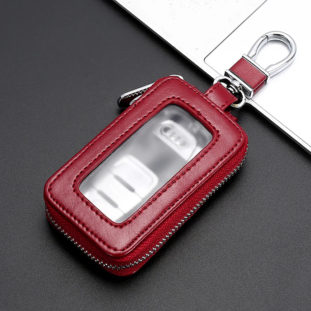 Leather Car Key Holder with Mirror Window - Retro Keyring Wallet and Zipper Pouch