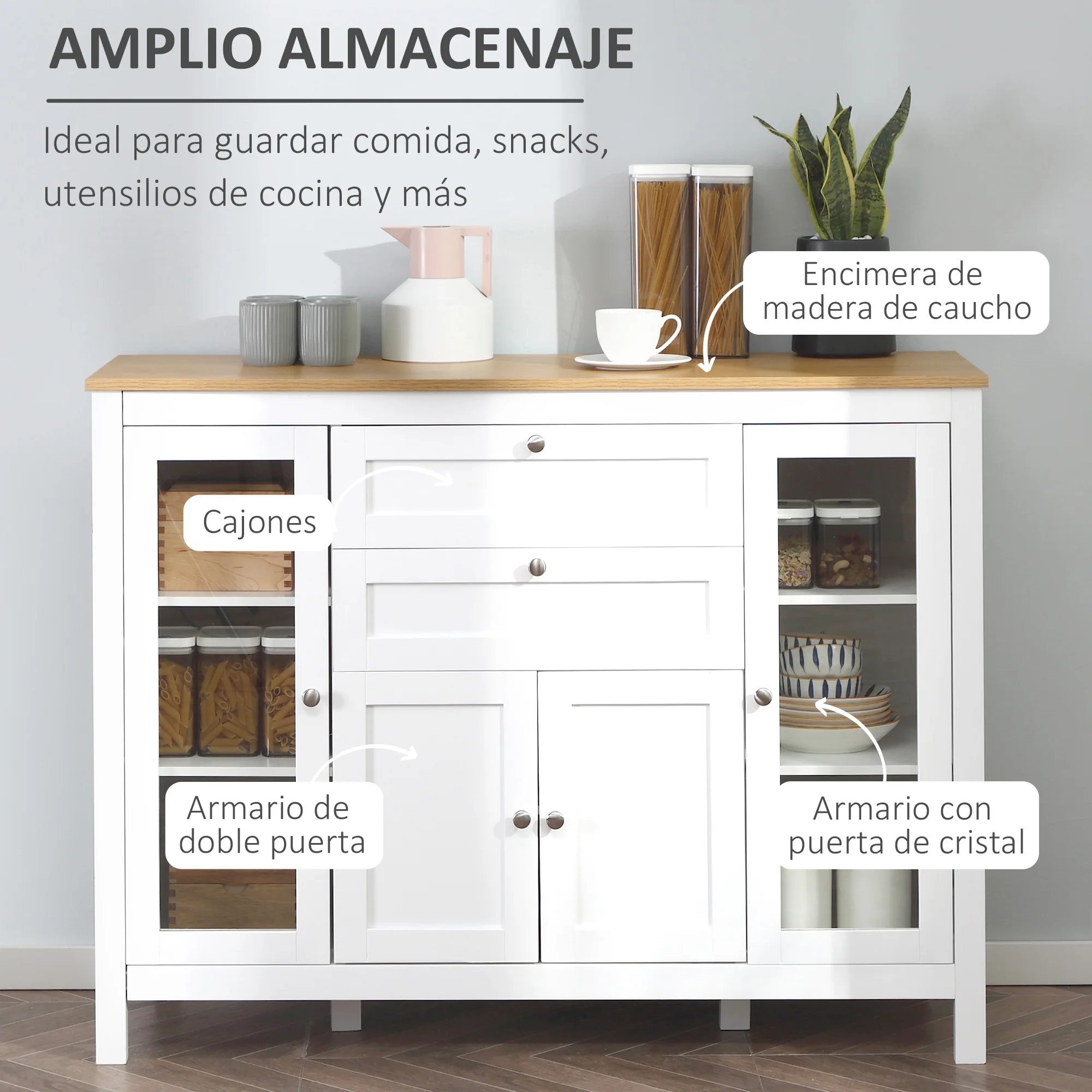 Aparador HOMCOM De 3 Puertas - 120x40x70cm, Blanco Moderno Con Estantes Ajustables