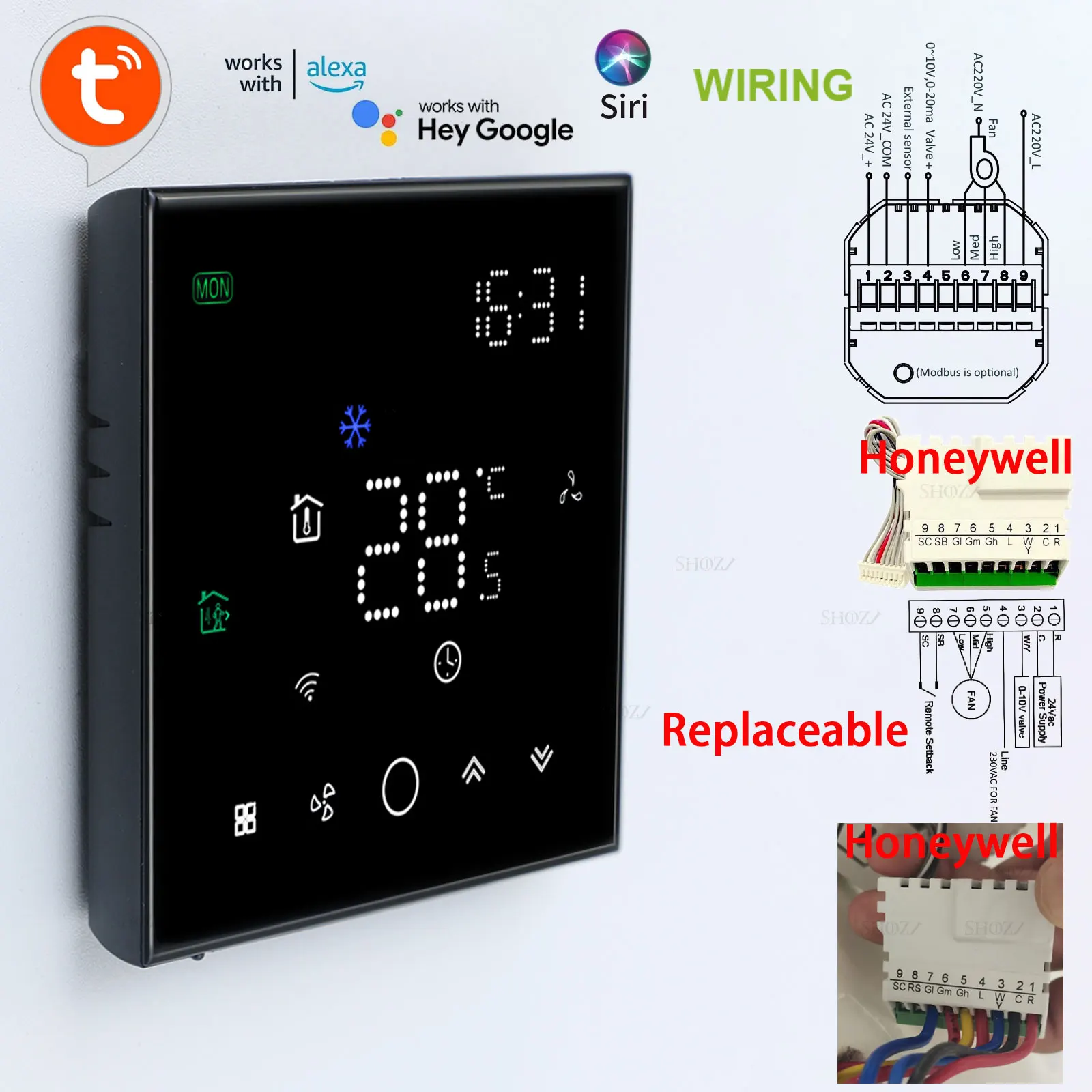 Termostato Inteligente Tuya Wifi para ar Condicionado Central Válvula de 24v 010v Temperatura Ventilador de Velocidades Sensor Externo Controlador sem Fio Suporte para Substituição da Honeywell para Alice Alex