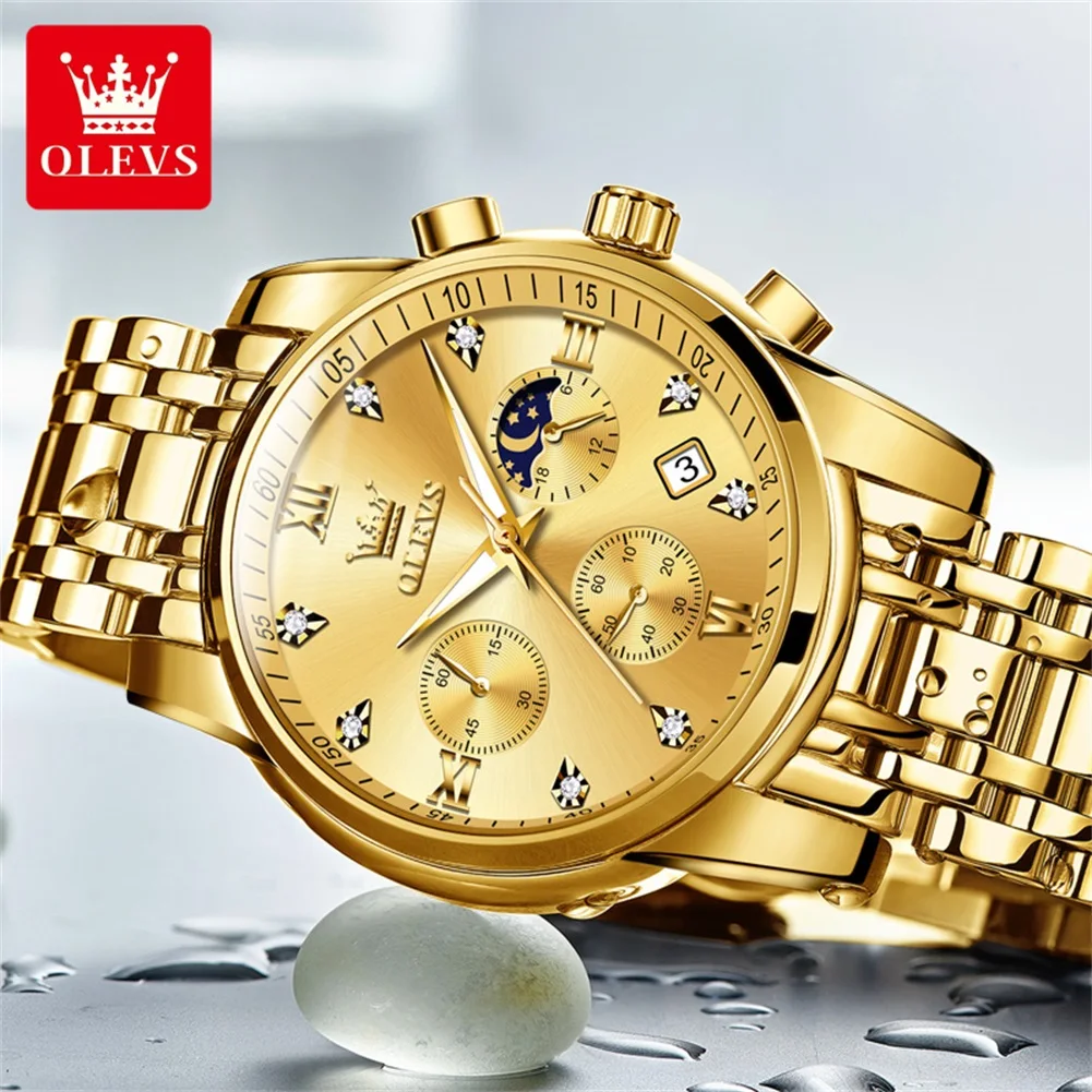 OLEVS Luxury Men's Quartz Chronograph Watch - Stainless Steel, Waterproof, Luminous, with Auto Date & Moon Phase