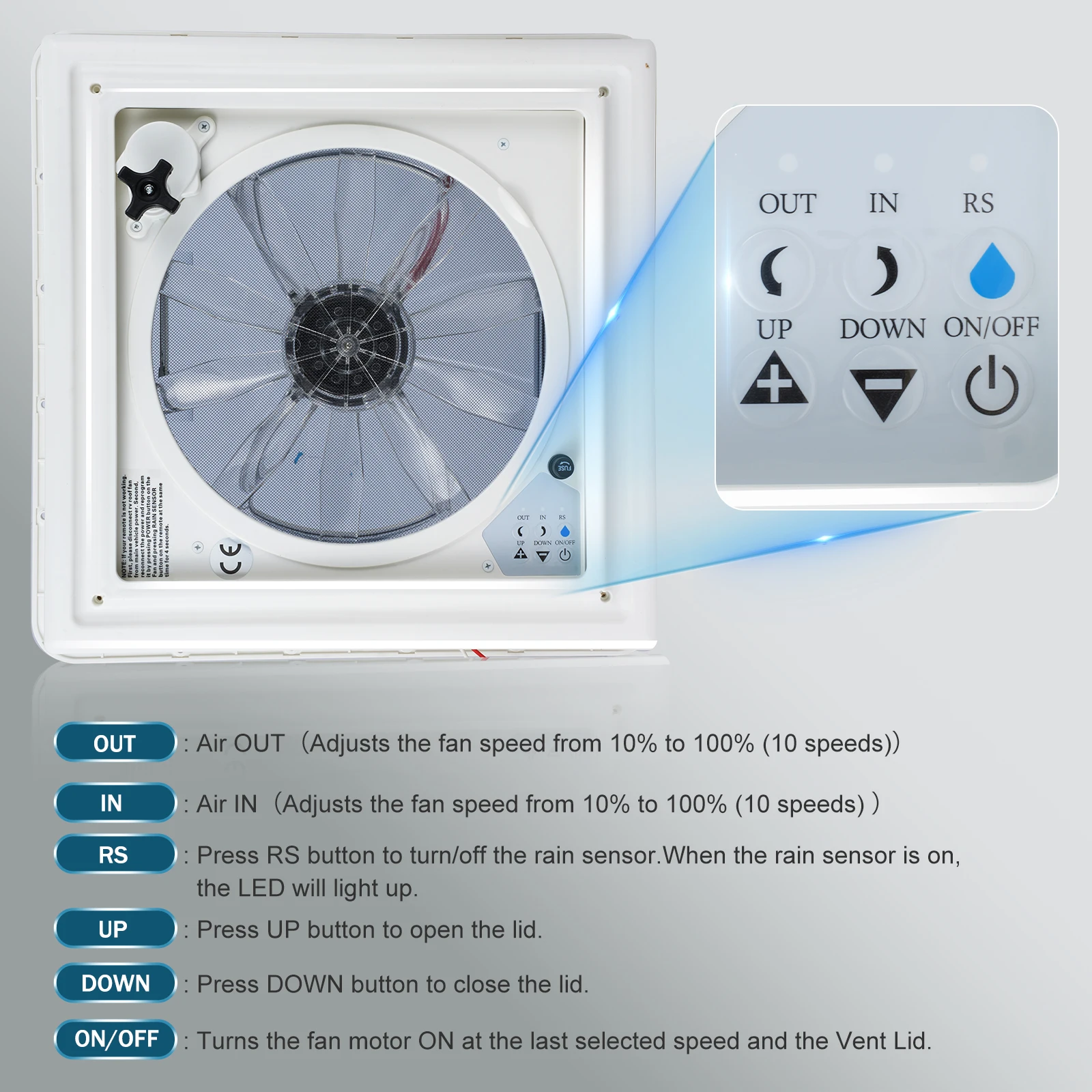 RV Roof Vent Fan Reversible Exhaust Fan with Rain Sensor Temperature Monitoring 12V with Remote for RV Air Ventilation Ceiling rv ventilation fan