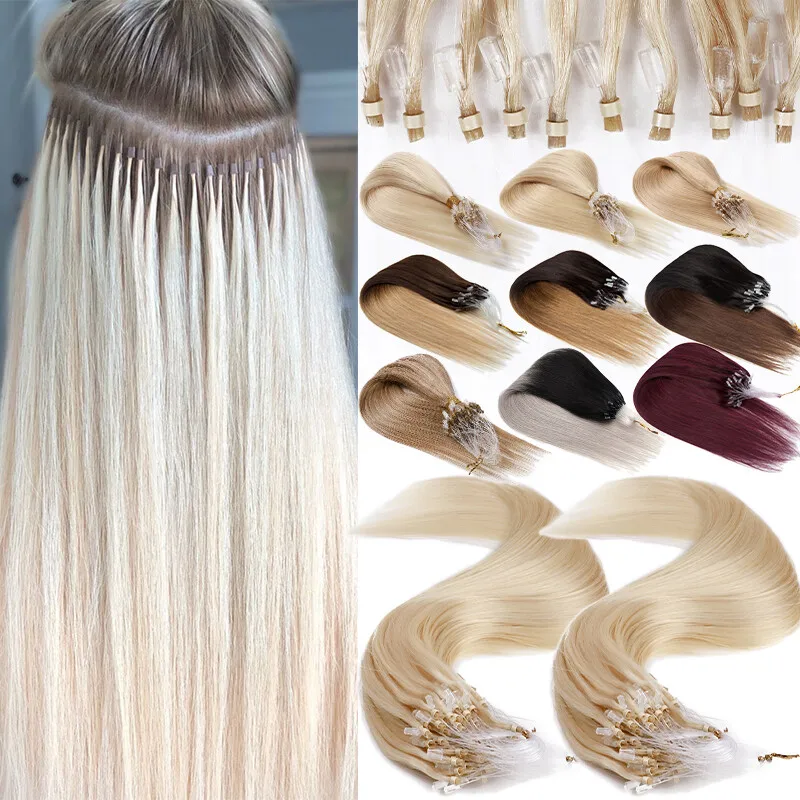 100% Human Hair Micro Loop Ring Extensions Straight Weft Professional ...