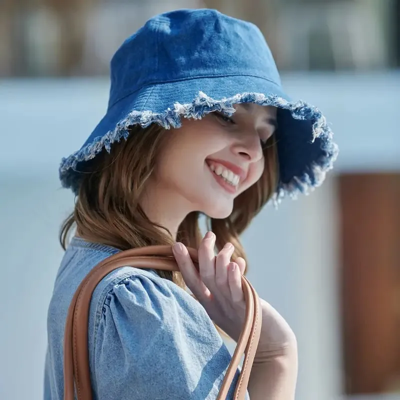 Durable Unisex Denim Bucket Hat Frayed Brim Cotton Basin Foldable Casual Fisherman Cap Style for Women and Men Trendy