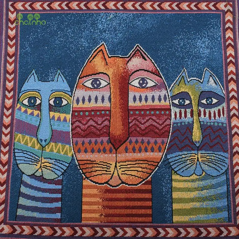 Chainho,Yarn Dyed Polyester Linen Jacquard Fabric,DIY Sewing Cushion,Bags Material,Cats Cartoon Series,4 Pieces/Lot,48x48cm