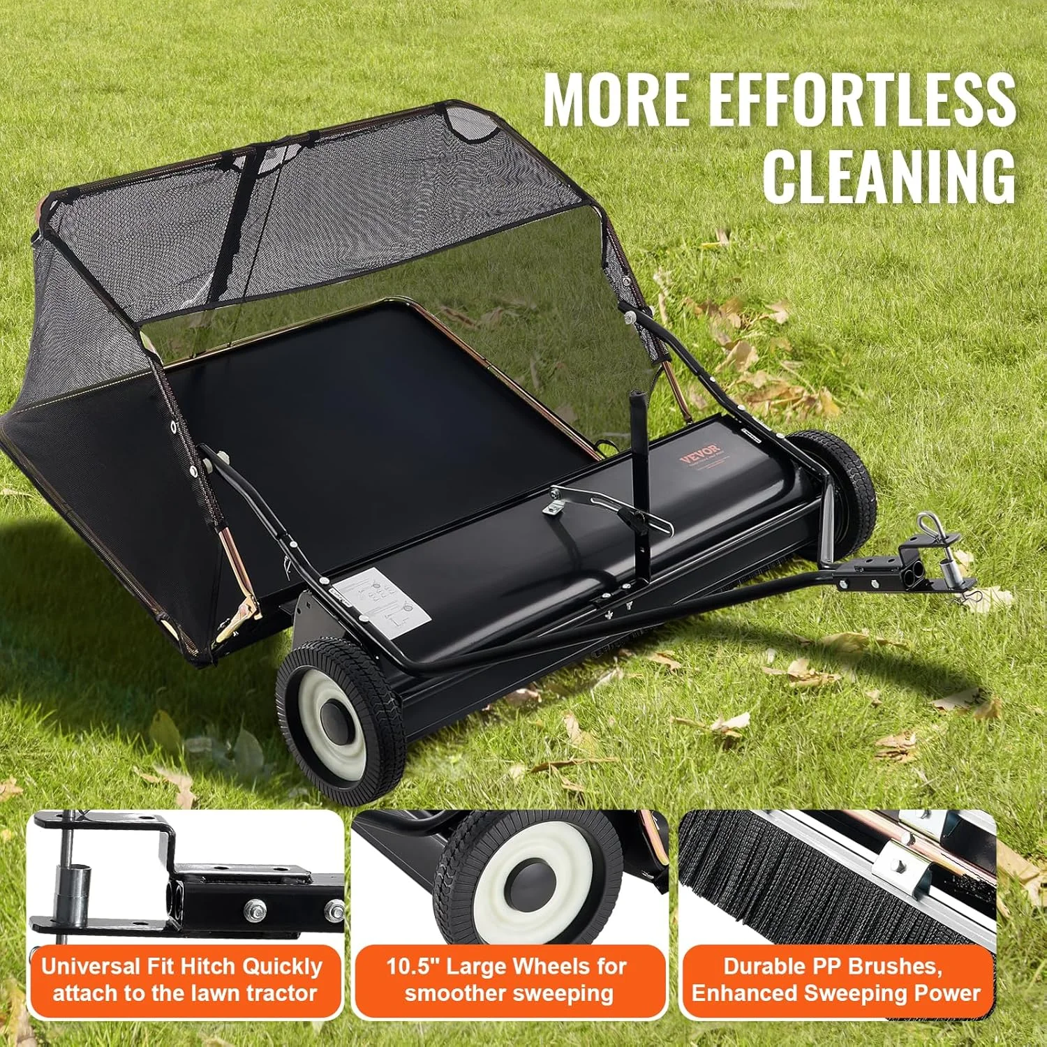42 Inch Lawn Sweeper Tow Behind, 12 cu.ft. Large Pull Behind Grass Sweeper, Heavy Duty Leaf & Grass Collector with Dumping