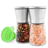 Stainless Steel Salt and Pepper Grinder Set – Short Glass Shaker, Pepper Mill & Salt Mill with Adjustable Coarseness, Refillable