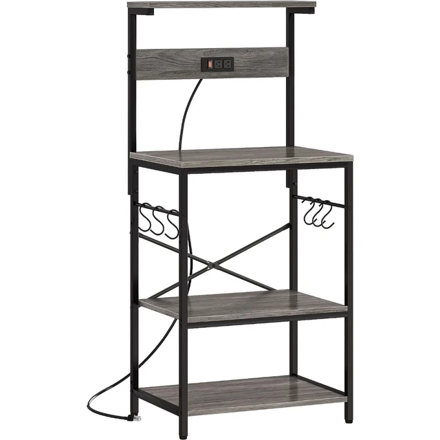 SUPERJARE Bakers Rack with Power Outlet, Microwave Stand, Coffee Bar with  Wire Basket, Kitchen Storage Rack with 6 S-Hooks, Kitchen Shelves for