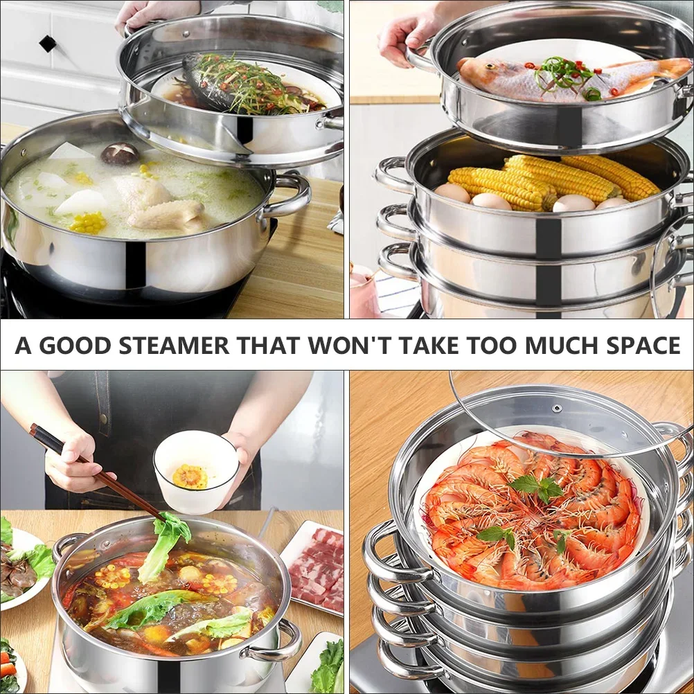 Pot Steamer Stainless Steel Steam Cooking Set steaming Soup Stockpot 4 Vegetable Tier Layer Steamers Pan Cooker Pots