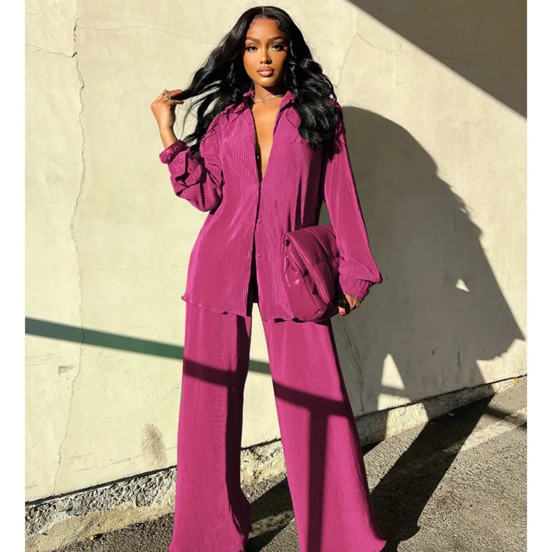 2 Piece Sets Women Outfit Solid Button Maxi Sleeve Shirt Top Loose Trousers Suit Autumn Winter Pleated Casual Long Pants Suit gradient baggy y2k set men wide leg pant tshirts summer high waist pleated trousers short sleeve tees ice silk two piece suit