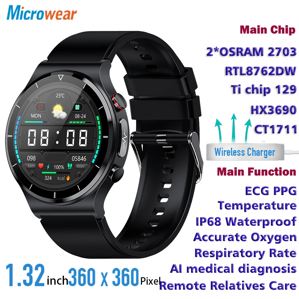 

ECG PPG Blood Pressure Monitor Body Temperature Smart Watch Wireless Charging IP68 Waterproof AI medical diagnosis Smartwatch