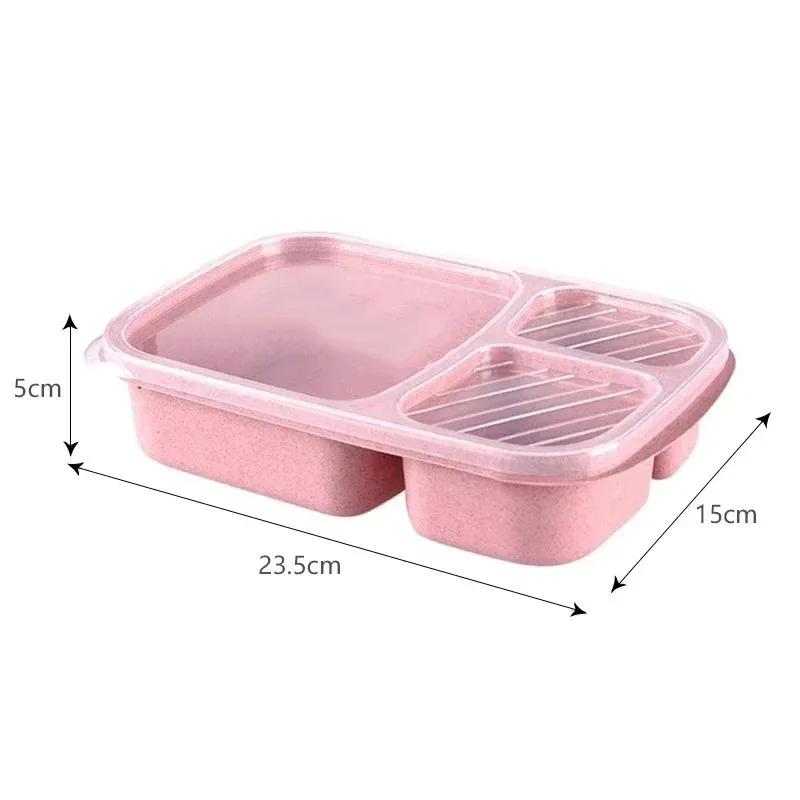 1pcs 도시락 상자 3칸 밀짚 쌀 준비 도시락 상자 투명 플라스틱 커버 식품 저장 용기