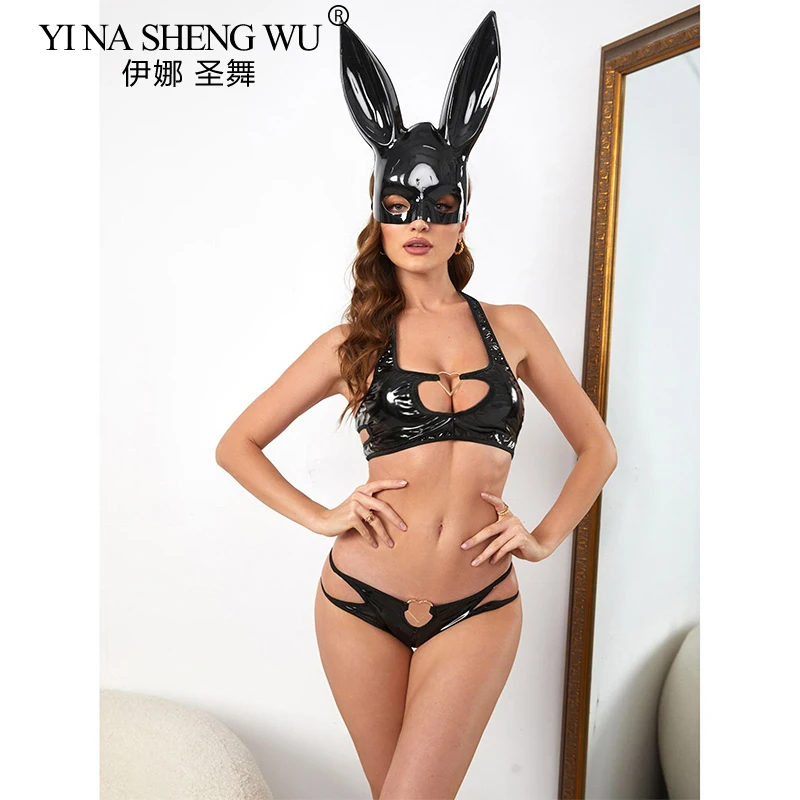 

Devil Girl Sexy Pornography CosplayPU Leather Uniform Sexy Women Sexy Love Hollow Pajamas Underwear Role Play Rabbit Ear Mask