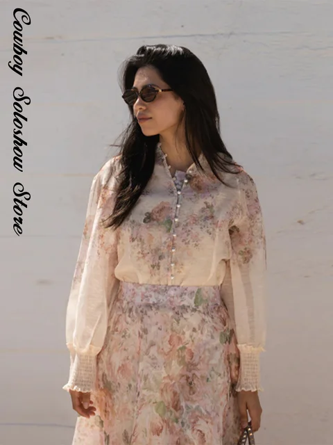 Elegant Printed Long Skirt Set Women Loose Flower Button Full Sleeved Shirt Pleated A-line Skirts 2025 Summer Party Lady Outfits 6