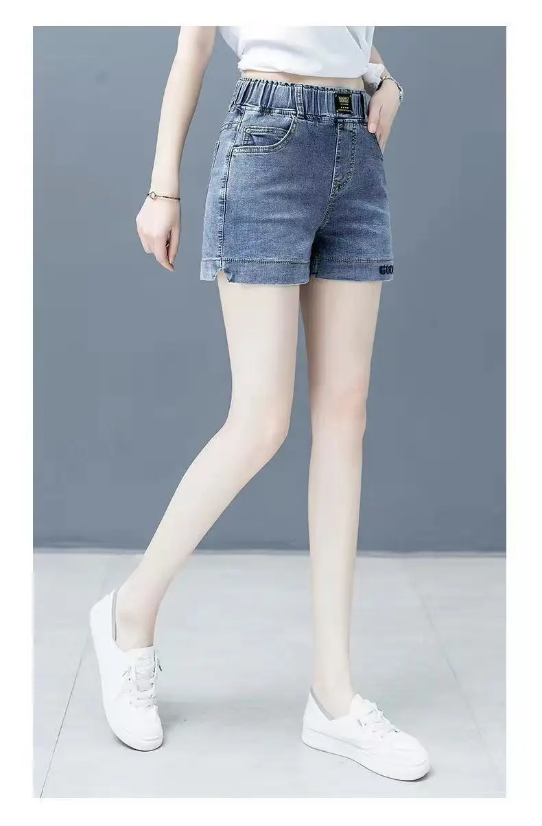 2025 Summer New Women's Elastic Waist Korean Edition Slimming Wide Leg Pants High Waist Cowboy Shorts