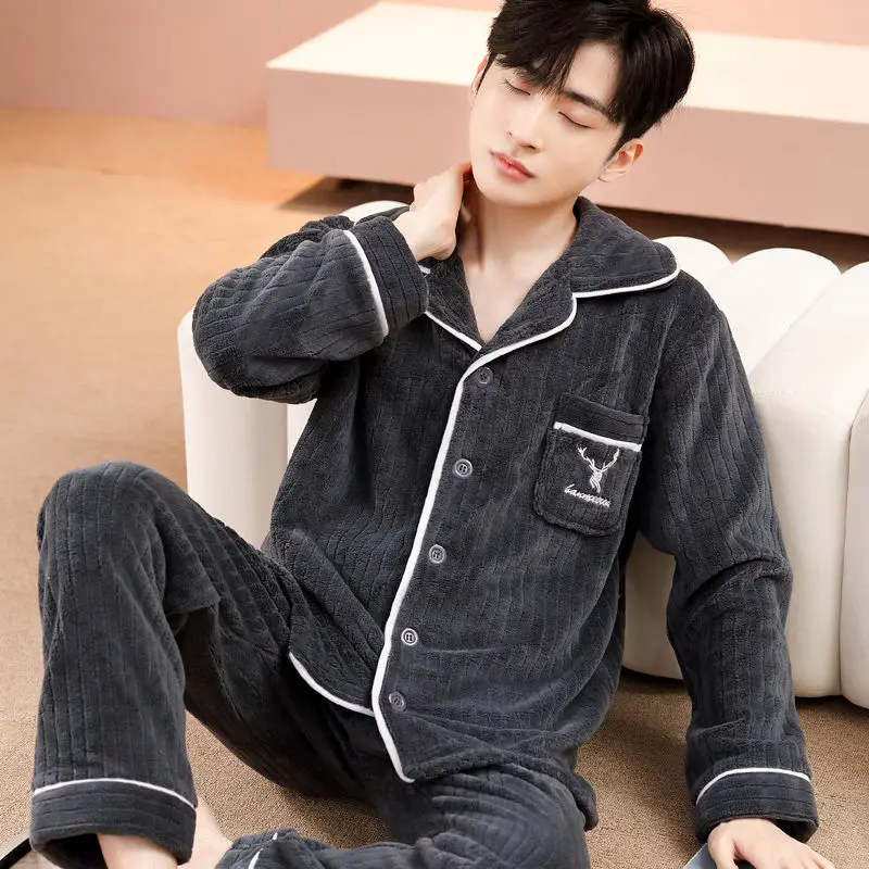 

Men Coral Velvet Pajamas Autumn Winter Thick Loungewear Male Flannel Household Service Suit Youth Outside Wear Fashion Sleepwear