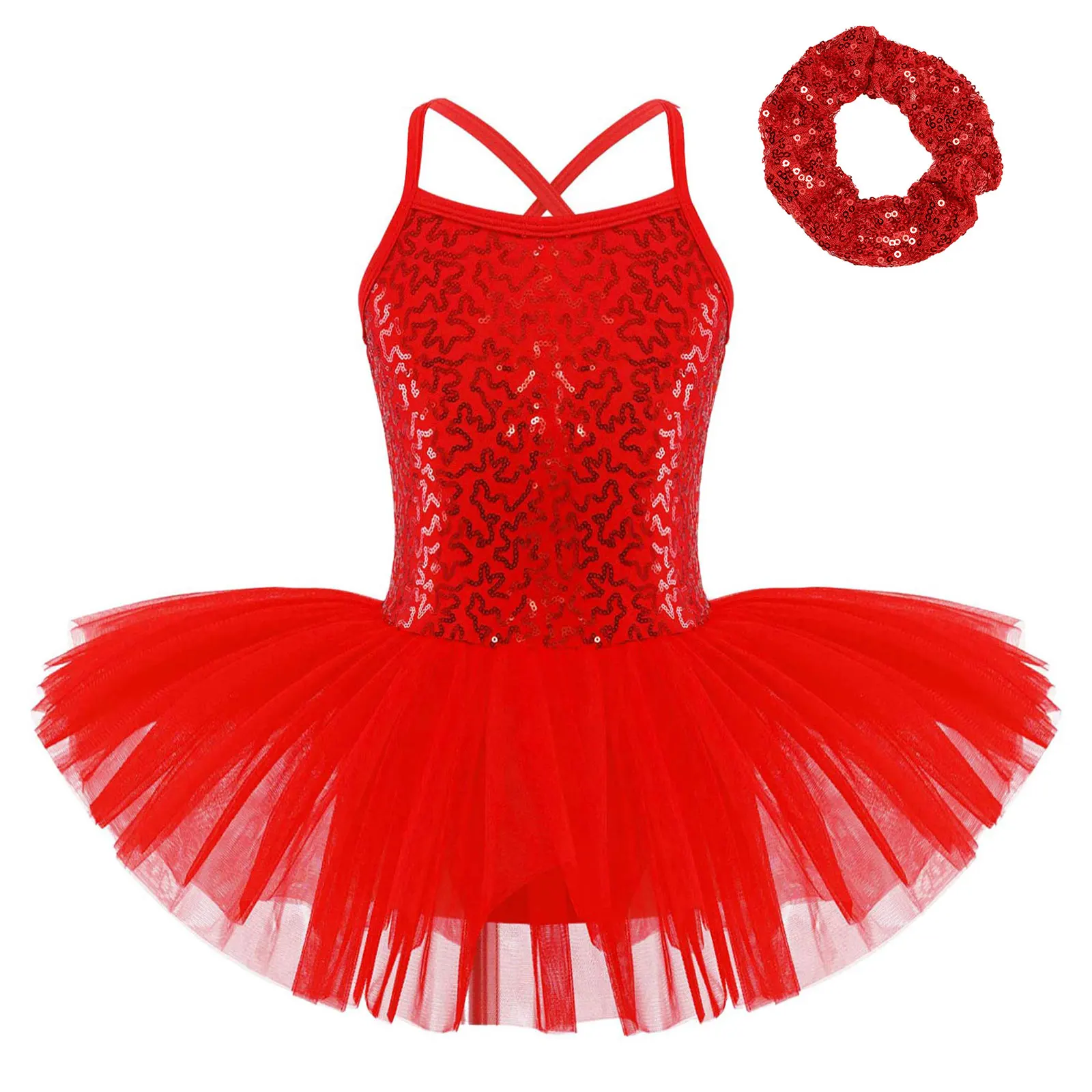TiaoBug Kids Girls Sequined Tutu Dress Ballet Leotard Dress Performance Costume Criss-cross Strap Back with Hair Tie Headwear