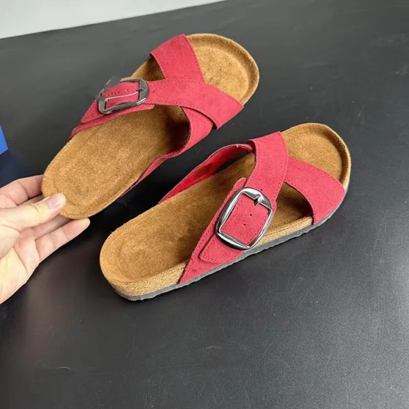 

Женские замшевые босоножки на плоской подошве, сандалии из коровьей замши и пробки с двумя пряжками, модные шлепанцы в ретро-стиле, сланцы, лето 2023