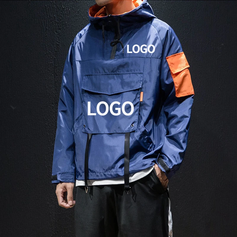 Custom Logo Men's Jacket Brand Fashion Casual Hooded Pockets Spring Autumn Windproof Streetwear DIY Design Male Cargo Coat