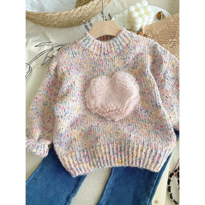 

Little Girl's Three-Dimensional Love Colorized Sweater South Korea Children's Clothing 2023 Autumn and Winter Girls Western Styl