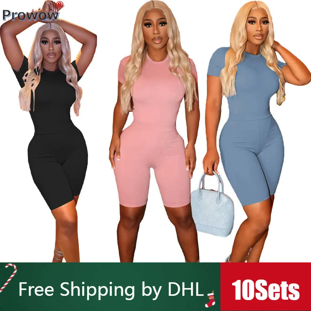 

10 Sets Bulk Solid Tracksuits Summer 2023 Casual 2 Piece Womens Outfits Short Sleeve Bodycon Bodysuits Top Shorts Wholesale 9765