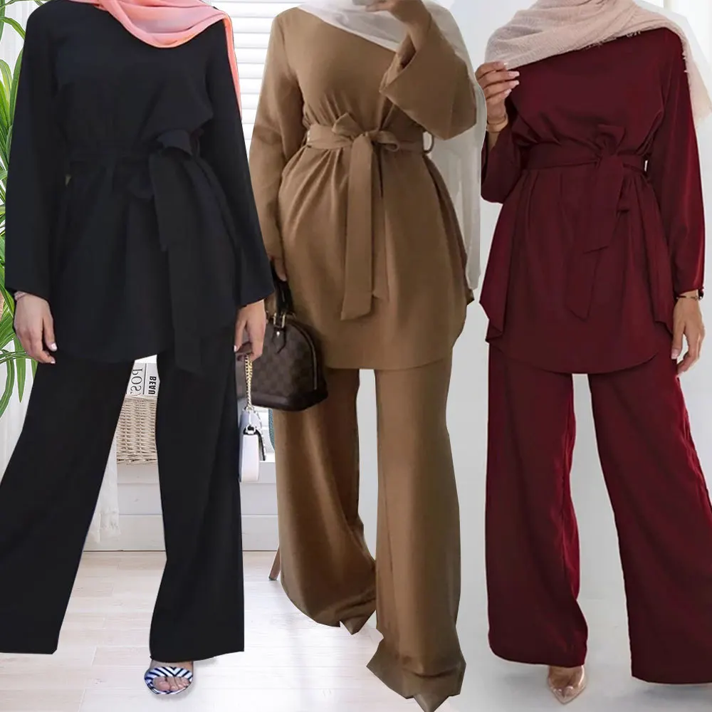 

Винтажный простой мусульманский комплект большого размера, женское платье, дышащий Свободный Повседневный костюм с длинным рукавом для Ближнего Востока, Абайи, костюм на шнуровке с широкими штанинами