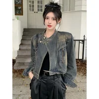 Vintage American Style Stand Collar Denim Jacket Women's Autumn New Slimming Cropped Top Distressed Design For A Slimmer Silhoue