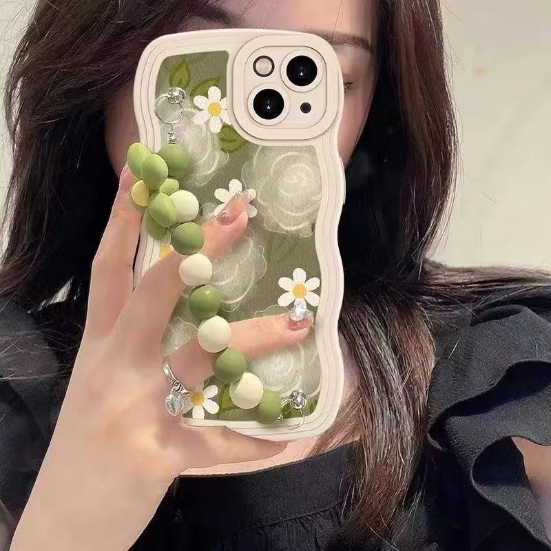 

Korea's Green Love Silicone Phone Case, 3D Flower Wrist Chain Bracelet, Soft Phone Case for iPhone 14, 13, 12, 11 Pro Max, 13 Pr