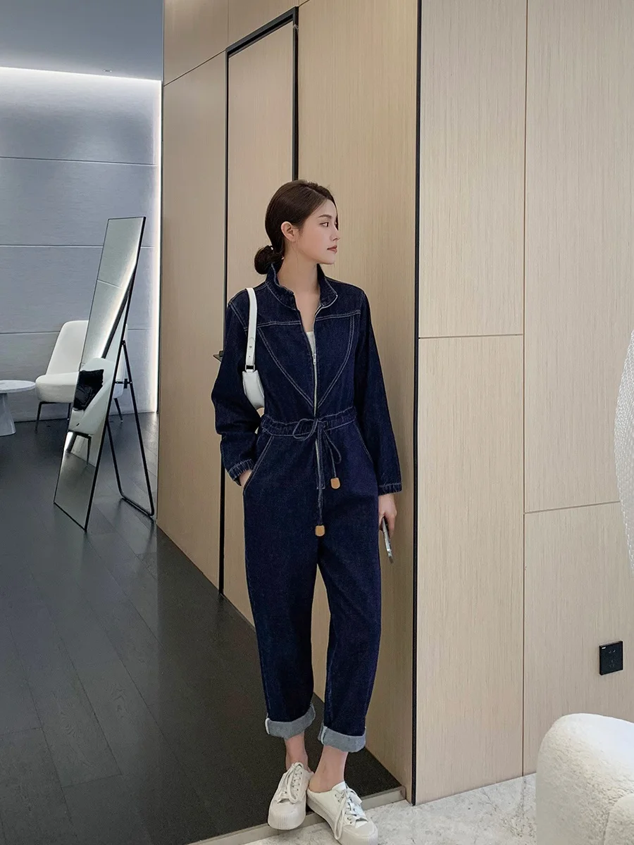 블루 데님 점프 슈트 2022 봄 시즌 작업복 긴 소매 옷깃 쿨 캐주얼 여성 청바지 코튼 소재