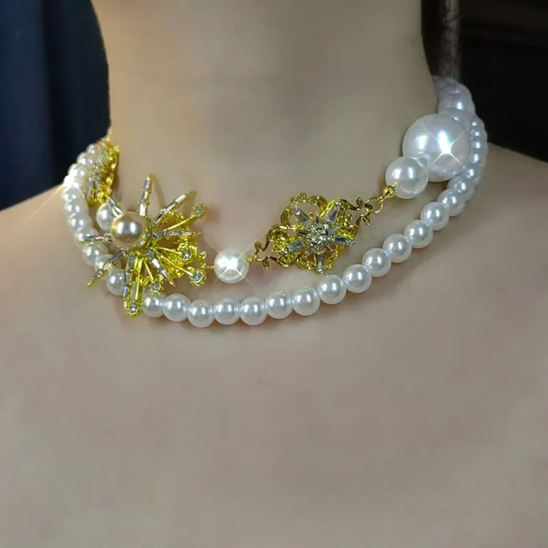 Imitation Pearl Women's Long Double Layer Necklace Set with Colored Diamonds Sparkling Clavicle Chain For Women Fashion Jewelry