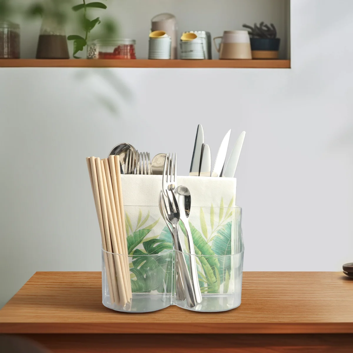 5 Compartment Classic Acrylic Napkin Holder with Cutlery Organizer Caddy Bin, For Spoons, Forks, Knives & Cups Divided Storage! 2