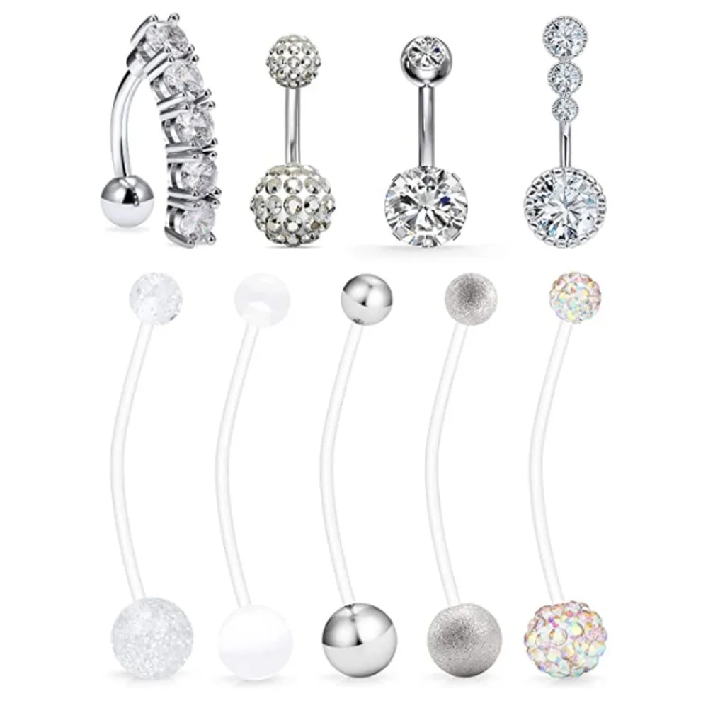 9Pcs Pregnancy Belly Button Rings Nomal Size Surgical Steel Clear Flexible Plastic Adjustalbe