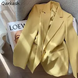 Blazers Women Baggy Yellow Pure Minimalist Streetwear Teens Personal Gentle Elegant Temper Design Cozy Notched Office Ladies