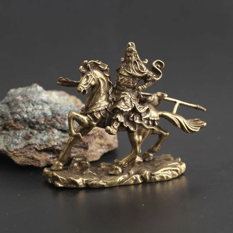 Chinese Martial God of Wealth Guan Gong Horse Ride Brass Sculpture Lucky Fortune Feng Shui Crafts Ornaments Home Desktop Decor