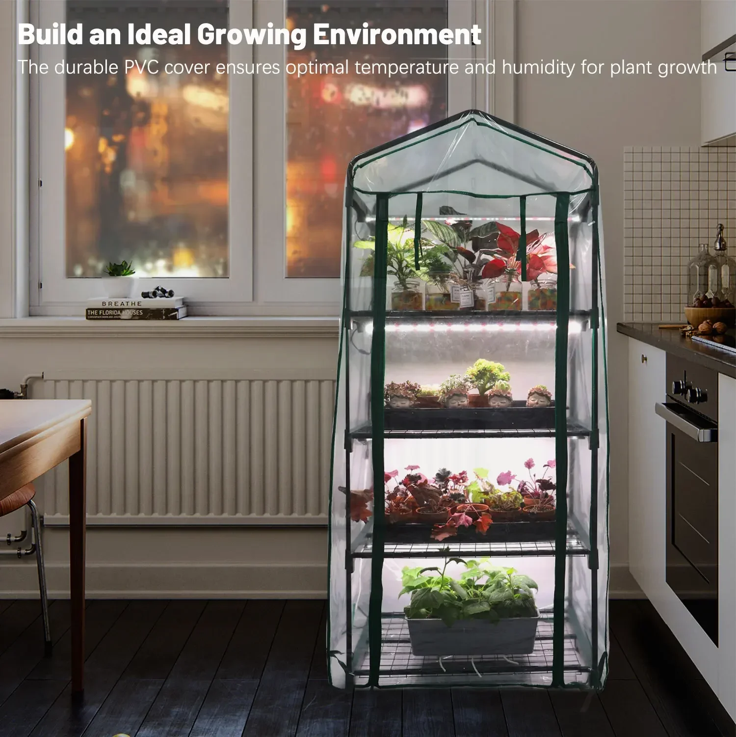 Garden Warm Room,Indoor Growing Seed Light Stand Mini Garden Greenhouse,4 Tier Shelf with Transparent Thermal Cover with Zipper