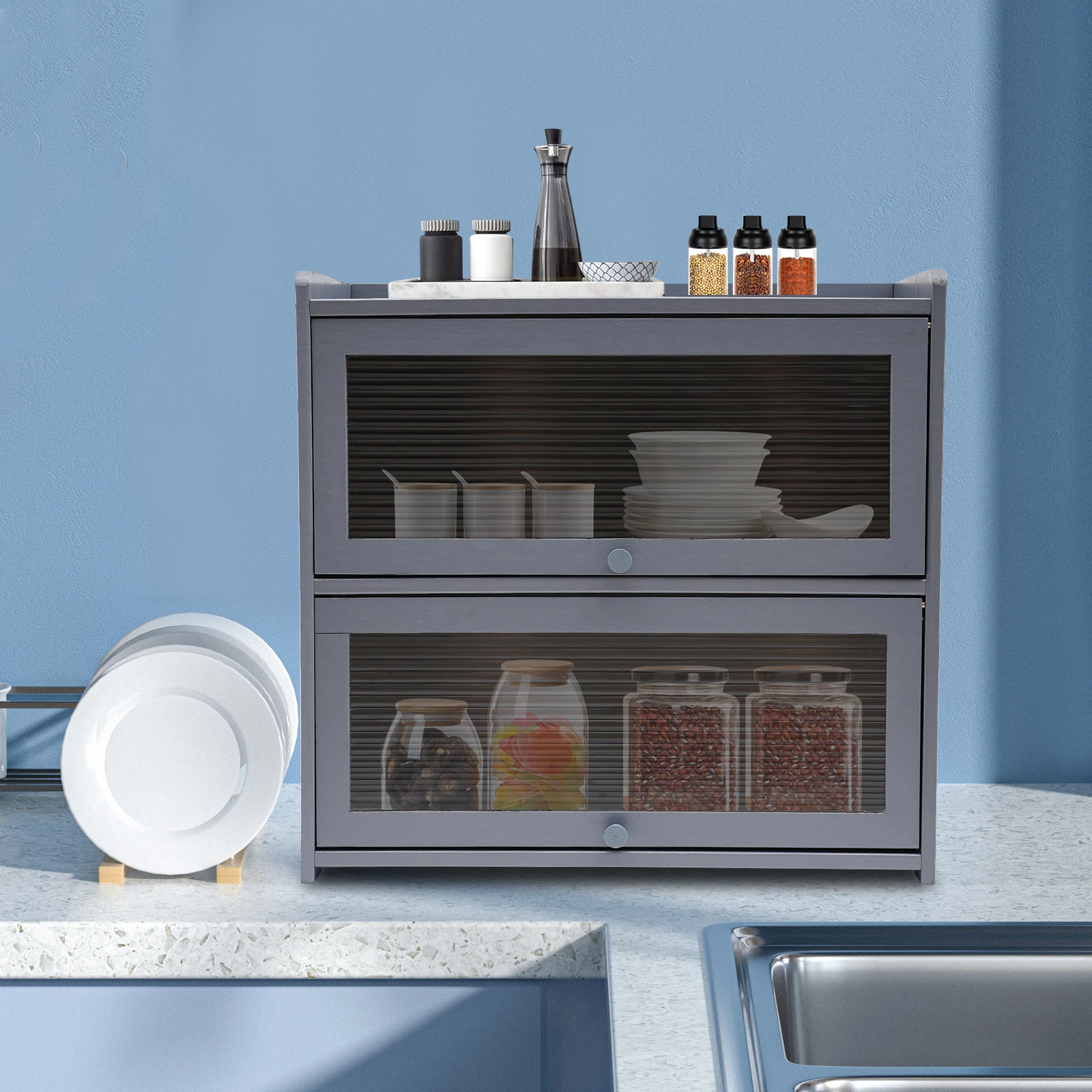 CNCEST Countertop Counter Small Bamboo Kitchen Sideboard Cabinets Storage Locker Freestanding Countertop Lockers