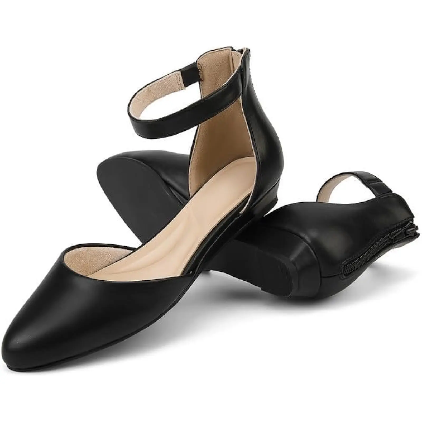 Comfortable Low Wedge Shoes: Women's Ankle Strap Flats with Pointed Toe and Back Zipper – Ideal for Work, Office, and Dressy Eve 2