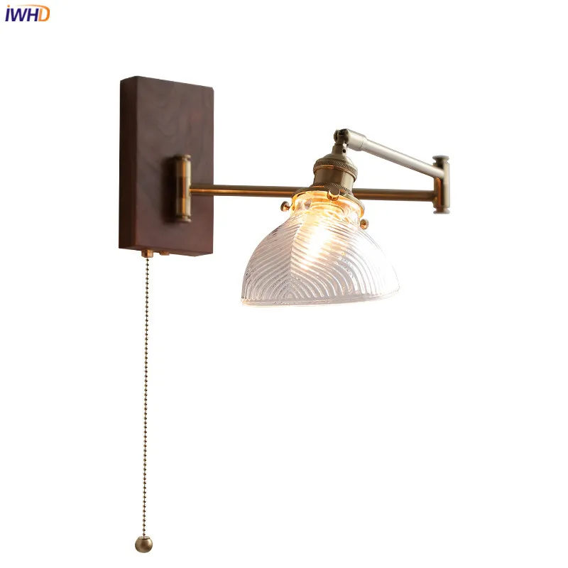 Iwhd Clear Glass Copper Led Wall Lights Fixtures Pull Chain Switch Plug In Legno Di Noce Baldacchino Camera Da Letto Soggiorno Accanto Alla Lampada