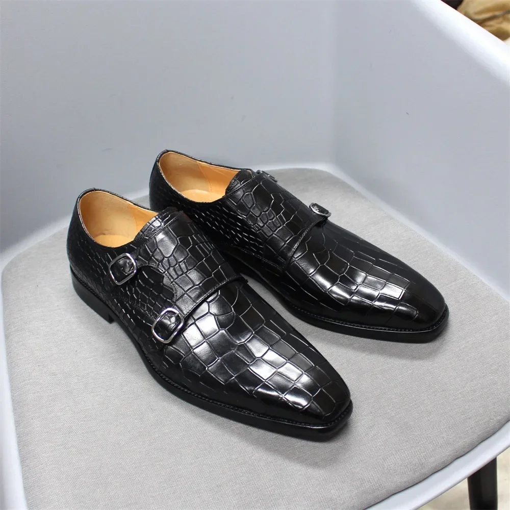 Men's Big Size 12 Monk Strap Dress Shoes-Genuine Leather Luxury Crocodile Print Double Buckle Pointed Toe Wedding Shoes