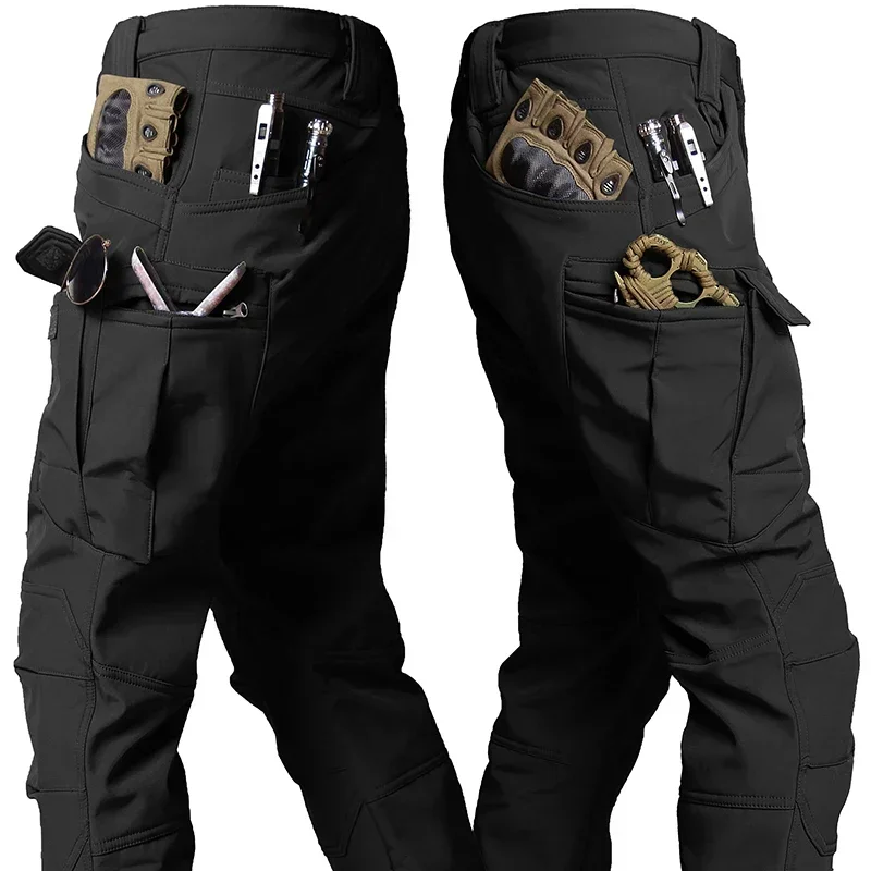 Men's Winter Pants Outdoor Windproof Waterproof Workwear Sharkskin Thick Tactical Trousers Fleece Warm Multi Pockets