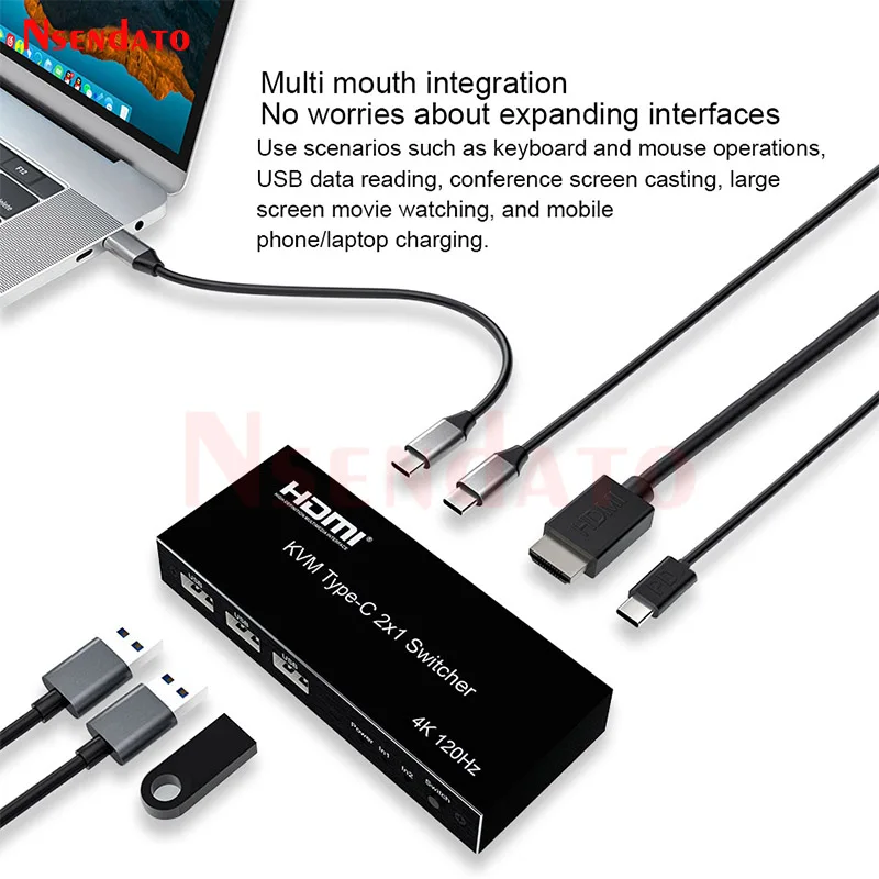 USB KVM Type C to HDMI Adapter Switch 4k 120hz 2X1 KVM Type-C Switcher With PD100W Fast Charge For Mouse Keyboard U disk Printer