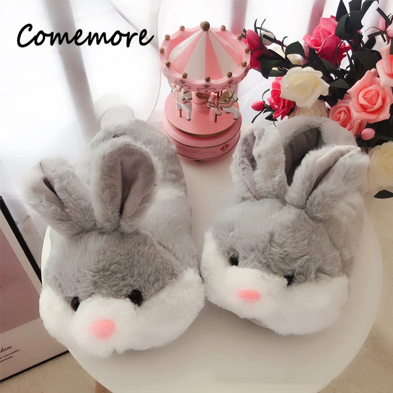 Comemore Women Cute Animal Slippers Girls Rabbit Home Shoes Plus Size 44 Non Slip Flat Autumn Winter Warm Slipper Plush Men