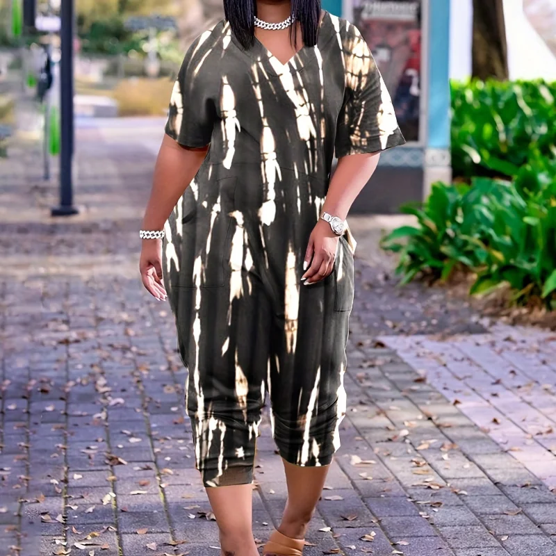 Summer New European and American Oversized Women's Clothing Casual Trend Stripe Printed Short Sleeve Loose Mid Waist Jumpsuit